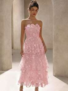 BELROSIE Solid Color Luxurious High-End Party Floral Strapless Dress, Suitable For Spring And Summer - Pink - View 4