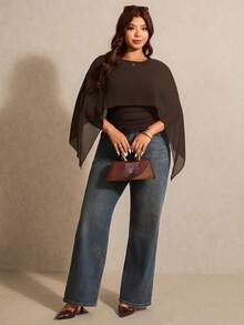 Elaquor 大码女士棕色休闲上衣，优雅休闲女装，新年女装，适合日常穿着、外出、通勤，秋冬季蝙蝠袖上衣，咖啡棕色上衣 - 棕色 - 查看 6