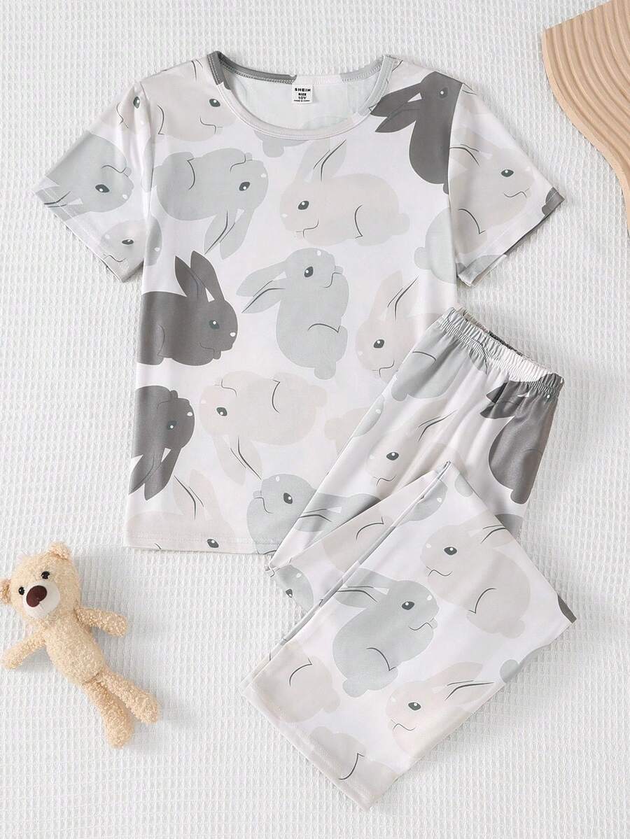 2 piezas Pijama informal para niñas con estampado de conejo de dibujos animados en toda la prenda, de manga larga y suave y cómodo - Gris Claro - Ver 1