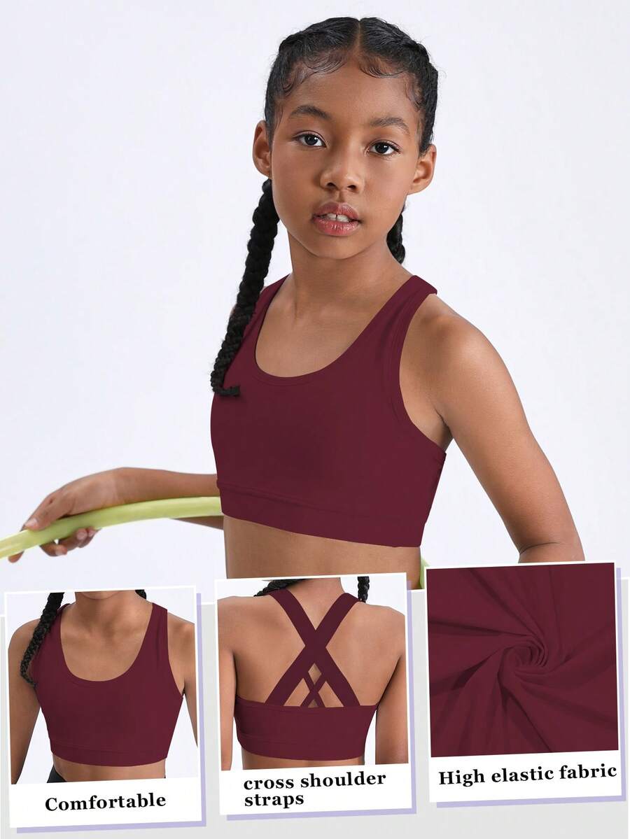 Tween Girls' Minimalist Solid Color Round Neck Elastic Breathable Sports Tank Top, Summer - Burgundy - View 1