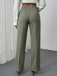 SHEIN Classic Belted Detalied Pants, High-Waisted Design, Pleated Front, Business Attire, Straight Leg Cut, Professional Wear, Tailored Fit, Office Fashion, Formal Trousers, Smart Casual, Clean Lines, Traditional Style, Work Wardrobe Essential, Quality Fabric, Sophisticated Look, Corporate Wear, Modern Silhouette, Business Professional - Army Green - View 2
