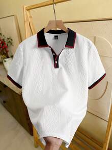 EGENSIO Men's Jacquard Textured Ribbed Collar Ribbed Cuff 3-Button Polo Shirt - White - View 1