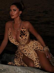 Swim SXY Women's New Leopard Print Deep V Backless High Slit Sexy Cover Up - Multicolor - View 2