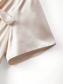 GlowEve CURVE Plus-Size Women's Asymmetrical Neckline Tie Bow Short-Sleeved Top With A Glossy Finish, Elegant And Going-Out Style, Perfect For Business Casual Summer. Elegant Blouses - Champagne - View 3