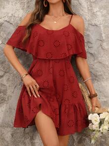 Ellevyn Women's Boho Red Embroidery Mini Dress A Line Flounce Ruffle Hem Spaghetti Strap Cold Shoulder Sleeveless - Red - View 6