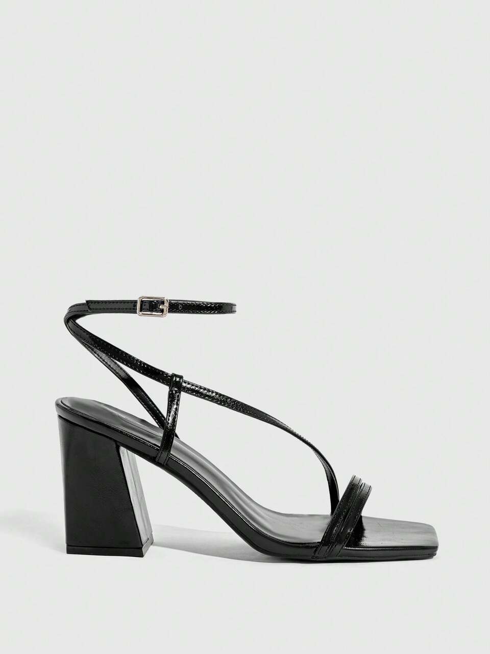 CUCCOO SZL Women Shoes Black Patent Leather PU Thin Strap Ankle Strap Fashion Basic Commuter Square Toe Thick Sandals Prom Heels Summer Shoes
