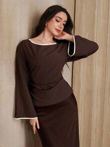 Graceveil 女士休闲度假通勤条纹印花荷叶边喇叭袖收腰衬衫，春秋季 - 彩色 - 查看 5