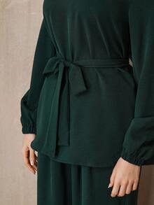 Graceveil 女士纯色腰带长袖上衣和裤子优雅两件套 - 杏色 - 查看 7