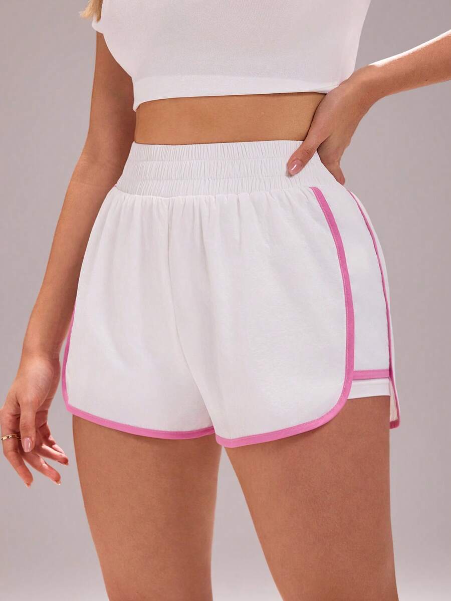 Sovereign Charm Contrast Color Trim Elastic Waist Fashionable Sports Shorts, Summer - White - View 1