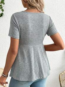 SHEIN Kaos Lengan Pendek Kasual Serbaguna untuk Wanita Hamil dengan Desain Lipatan dan Kerutan, Cocok untuk Sehari-hari di Musim Gugur. - Grey - View 2