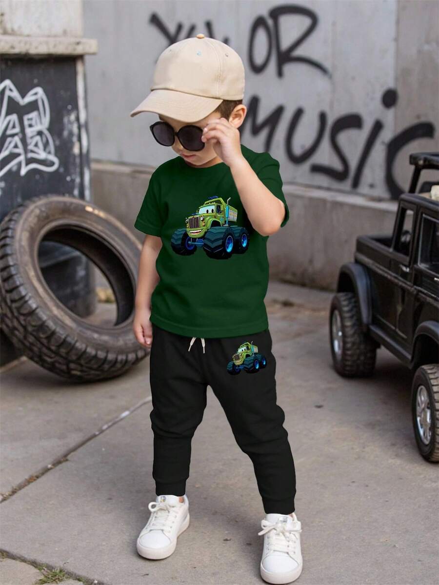 SHEIN カートゥーン カー プリント ラウンドネック 半袖Tシャツ ショーツ セット、男の子のカジュアルアウトフィット - ブラック - チェックする 1