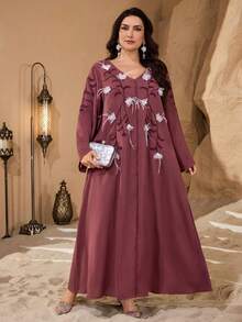 Al Najma Casual Solid Color Embroidered 3D Floral Decor Long Sleeve Loose Regular Spring/Autumn Plus Size Women Arabic Maxi Dress - Redwood - View 4