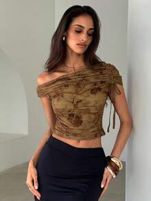 Aloruh Áo croptop nữ mùa xuân/hè mới với họa tiết hoa, chi tiết dây rút, có vai trần. - Nhiều màu - Xem 6