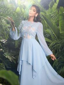 Modelyn Elegantes romantisches besticktes Chiffonkleid mit ausgestelltem Rock für Frauen, apricotfarben - Blau - Übersicht 5