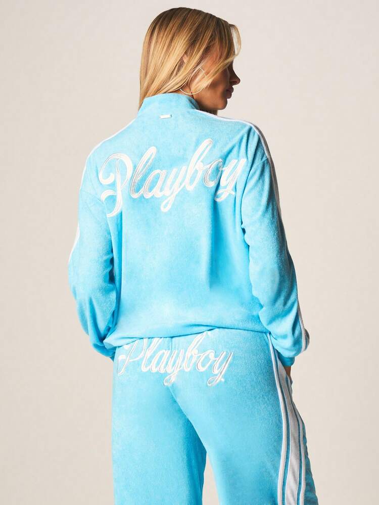 Missguided x Playboy Bluza z nadrukiem frotte z suwakiem, białymi paskami po bokach i logo królika, luźna, domowa kurtka dresowa