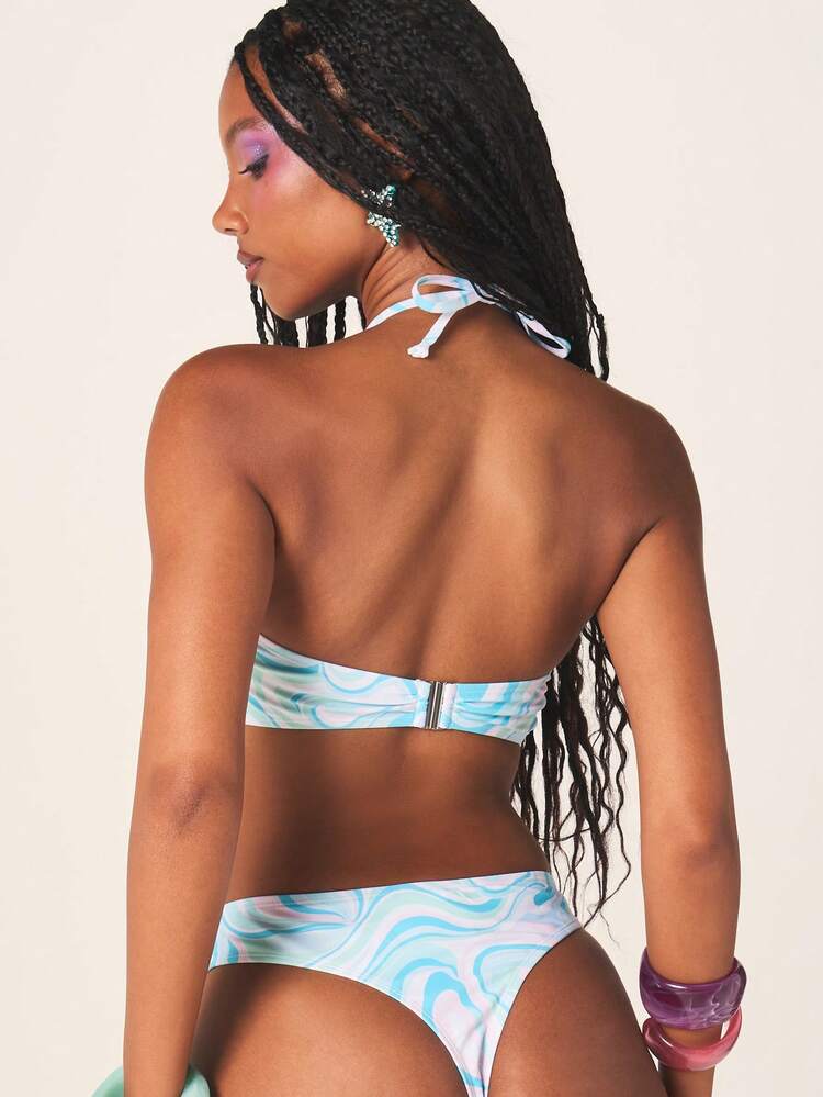 MISSGUIDED Beach Swirl Print Halter Bikini Set With Keyhole Cutout Top And High Rise Bottom With Matching Sarong Cover Up