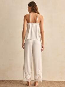 Charlaine 法式优雅女士纯色吊带背心和长裤睡衣套装 - 白色 - 查看 3