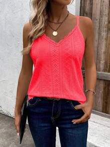 EMERY ROSE 3pcs Women's Summer White Casual Elegant Vacation Knitted Textured Hollow-Out Lace Patchwork Camisole Tank Tops,Boho V Neck Outfits For Ladies - Multicolor - View 4