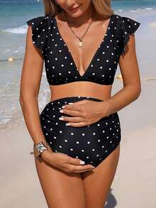 Momance 2026 Summer Beach Holiday 1920s Flapper Black & White Polka Dot High Waist Ruffled V-Neck Maternity Swimwear Set,Women's 2 Pieces Bathing Suits Boho - Black - View 6