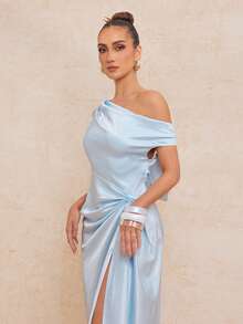 Lumalex VITNOS 不对称褶皱露背高开衩连衣裙 - 淺藍色 - 查看 12