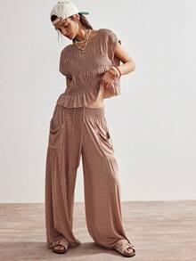 Bohemela 两件套 女士休闲纯色针织宽松圆领T恤和阔腿高腰裤 - 鏽棕色 - 查看 2