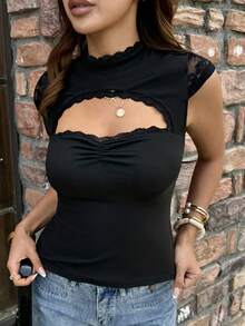 Elyressa Lace Patchwork Round Neck Capped Sleeve Hollow Out Floral Lace Trim Sheer Back Fashionable Women T-Shirt - Black - View 7