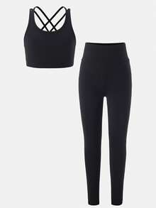 SHEIN 少女纯色针织高弹舒适交叉露背运动文胸和高腰紧身裤运动套装，适合瑜伽 - 黑色 - 查看 7