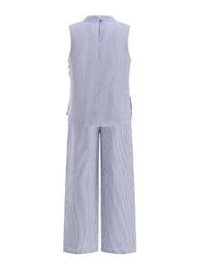 Ellevyn 2件套 女士经典圆领蓝白条纹3D立体花卉阔腿裤 - 藍白色 - 查看 9