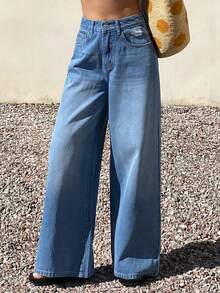 DAZY Women's Regular Mid-Rise Distressed Loose Straight Leg Jeans - Medium Wash - View 5