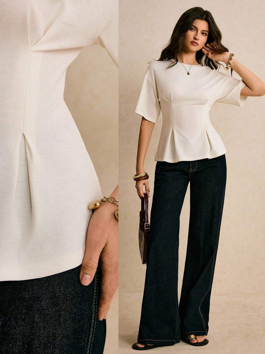 Poéselle Áo thun peplum dáng ôm cho nữ, áo dệt kim tay ngắn thanh lịch với xếp ly eo tạo vẻ ngoài sang trọng, áo peplum có cấu trúc, áo thun dáng ôm, áo ôm eo, trang phục cơ bản cao cấp, tủ đồ tối giản, phong cách thường ngày sang trọng, áo dệt kim màu trắng ngà, cổ tròn, vai rớt, gấu áo xếp ly, áo thun thời trang mùa hè, áo mùa xuân cho nữ đi biển, áo trắng cho kỳ nghỉ. - trắng - Xem 1