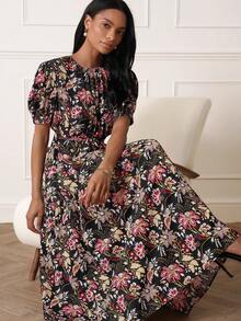 Lilora Chic Women's Boho Midi Dress With Random Print Tie Neck And Half Puff Sleeves In Black Floral Woven Fabric Garden Party Summer - Multicolor - View 3