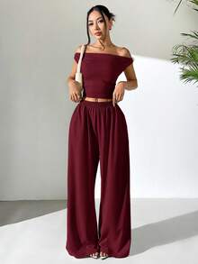 SHEIN EZwear 女士针织不对称肩部上衣和裤子休闲套装，夏季阔腿裤套装，休闲两件套，两件套裤子套装，舒适两件套，两件套裤子套装，女士酒红色套装，酒红色阔腿裤套装，单肩上衣套装，酒红色裤子 - 酒紅色 - 查看 4