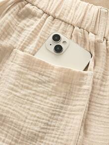 HIMLAND 男士休闲度假通勤纯色纹理面料抽绳腰带斜插口袋直筒裤 - 杏色 - 查看 7