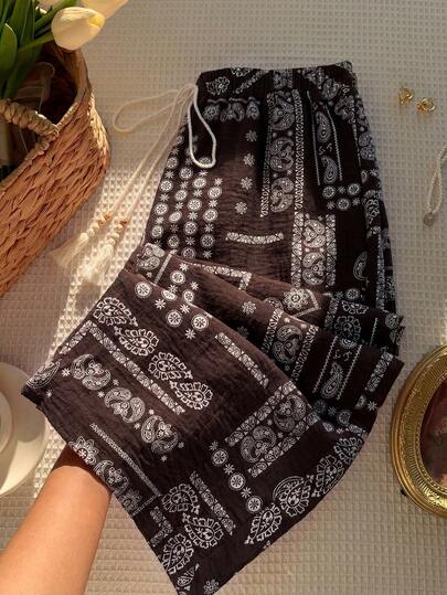 Franclia Plus Size Women's Casual Wide Leg Pants With Paisley Floral Print, Coffee Brown, Versatile For Spring/Summer Pattern Pants Brown Pants Palazzo Pants Bohemian Pants Boho Pants