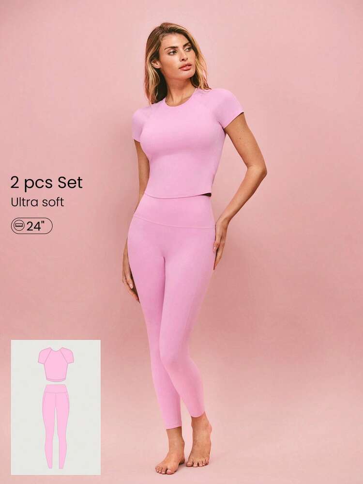 2 Pieces Everyday Glow Ultra-Soft Lightweight Stretchy Short-Sleeve Crew Neck Crop Top & FeatherFit™ Leggings Set Low Impact Daily Casual Street Wear