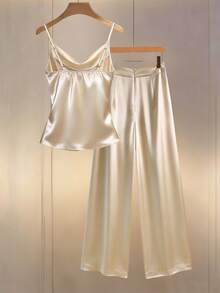 Franclia Conjunto de 2 piezas para mujer, elegante y versátil, con camiseta de cuello drapeado y pantalones de pierna ancha, con brillo satinado, para /verano, atuendo de oficina, moda - Albaricoque - Ver 2