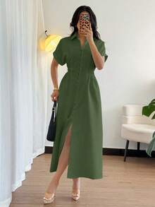 Rafferiza Đầm sơ mi nữ kiểu dáng thường ngày, cài cúc phía trước, tay raglan và thiết kế thắt eo. - xanh quân đội - Xem 5