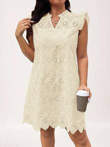SHEIN LUNE Đầm nữ cỡ lớn màu trắng tay bồng vạt lệch, đầm dự tiệc cưới mùa thu, đầm công sở, đầm thường ngày. - Màu be - Xem 7