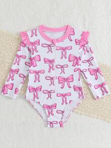 SHEIN Young Girls' Pink Bow Print Long Sleeve One-Piece Swimsuit,Summer Beach Holiday Thermal Spring Modest Rash Guard Swimwear Bathing Suits For Kids - Baby Pink - View 6
