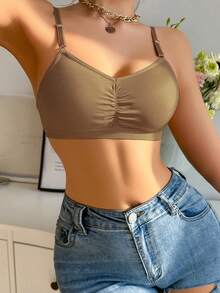 Bare Chapter 3pcs/Set Women's Solid Color Pleated Comfortable Casual (Wire-Free) Bra Set - Khaki - View 6