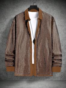 Calvornis Men's Solid Color Sequin Long Sleeve Single-Breasted Party Shirt - Champagne - View 3
