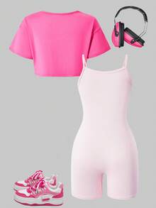 SHEIN Tween Girl 2-Piece Set, Hot Pink High-Stretch Knit Jumpsuit&Numeric Print Jacket, Summer Cow Boy Vacation Casual Sports Wear, Spring/Summer Outfit - Hot Pink - View 2