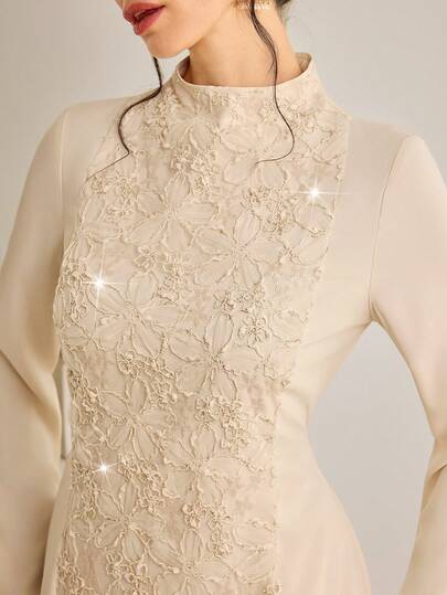 Al Najma 女士纯色刺绣立领修身优雅长袖阿拉伯连衣裙