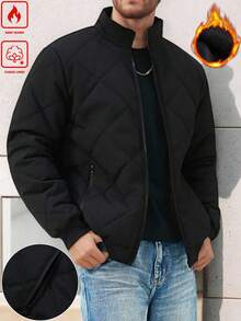 Manfinity Homme 男士长袖纯色简约休闲保暖拉链户外防风羽绒服，黑色保暖内衬绗缝外套，秋季款 - 黑色 - 查看 5