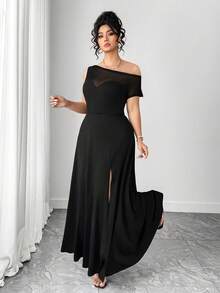 Elenzga Women's Plus Size Black Summer Elegant Formal Dinner Evening Dress,Mesh Patchwork Waist,Fitted Asymmetric Hem High Slit For Club Parties&Gatherings - Black - View 8