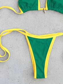 Swim Mod 2pcs/Set Women's Green Summer Gay Beach Holiday Swimwear,Contrast Shell Decor Halter Backless Triangle Top&Side Tie Bikini Bottom Resort Party Outfit - Multicolor - View 5