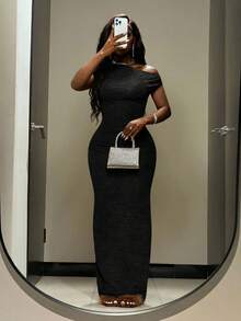 Slaydiva 2025秋冬季新年、情人节、派对、宴会、约会、生日派对、学院风、学生装、日常出行、百搭基础款、休闲、邮轮旅行、爆款、优雅、通勤、商务休闲、优雅浪漫性感派对、性感、不对称无袖、修身、棕色纹理竖条纹面料、派对超长连衣裙、秋冬连衣裙、女装 - 黑色 - 查看 2