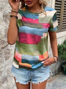 EMERY ROSE Women's Color Block Short Sleeve T-Shirt For Summer Graphic Tees Women Tops - Multicolor - View 3