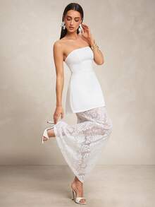 Silquee 白色修身A字短款上衣搭配蕾丝边迷你裙套装，女士中长裙，无肩带两件套，适合约会、毕业典礼、音乐会、伴娘礼服、婚礼、浪漫场合，简约风格，优雅日常穿着，不对称肩部白色连衣裙，吊带两件套，吊带+薄纱半裙两件套，派对、鸡尾酒会、优雅派对和休闲约会 - 白色 - 查看 3