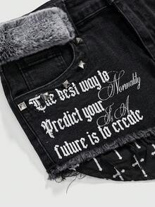 ROMWE Grunge Punk Plus Size Women Y2K Distressed Cross Stud Decor Mini Denim Shorts, Vintage Baddie Wash Denim Shorts For Autumn/Winter - Black - View 2